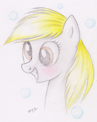 Size: 873x1093 | Tagged: safe, artist:vird-gi, derpy hooves, pegasus, pony, bubble, bust, female, mare, portrait, solo, traditional art