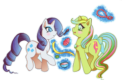 Size: 800x521 | Tagged: safe, artist:butterscotch25, mimic (g1), rarity, pony, unicorn, g1, bow, g1 to g4, generation leap, magic, makeover, tail bow