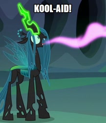 Size: 411x474 | Tagged: safe, edit, edited screencap, screencap, queen chrysalis, changeling, changeling queen, to where and back again, caption, female, horn, image macro, kool-aid, love, solo, text