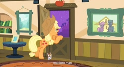 Size: 1595x859 | Tagged: safe, edit, edited screencap, screencap, applejack, earth pony, pony, smoking, youtube caption