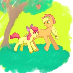 Size: 600x600 | Tagged: safe, artist:nyankamedon, apple bloom, applejack, earth pony, pony, female, mare, pixiv