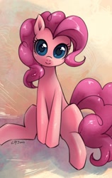 Size: 950x1500 | Tagged: safe, artist:katiramoon, pinkie pie, earth pony, pony, looking at you, sitting, smiling, solo, staring into your soul