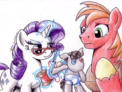 Size: 1600x1200 | Tagged: safe, artist:muffinshire, big macintosh, rarity, smarty pants, earth pony, pony, unicorn, crying, glasses, magic, male, sewing, stallion, traditional art, working