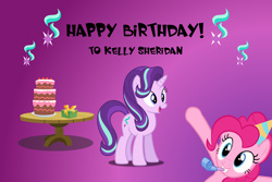 Size: 2268x1512 | Tagged: safe, artist:mandash1996, pinkie pie, starlight glimmer, earth pony, pony, birthday, cake, cutie mark, food, gradient background, happy birthday, hat, kelly sheridan, party hat, present, purple background, table