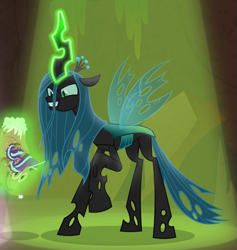 Size: 637x673 | Tagged: safe, screencap, queen chrysalis, changeling, changeling queen, frenemies (episode), better way to be bad, cropped, evil grin, female, glowing horn, grin, horn, magic, raised hoof, smiling, solo, spotlight, telekinesis