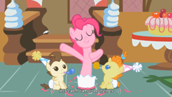 Size: 853x480 | Tagged: safe, screencap, pinkie pie, pound cake, pumpkin cake, pony, baby cakes, baby, baby pony, cake, catholicism, colt, diaper, filly, foal, hat, party hat, party horn, youtube caption