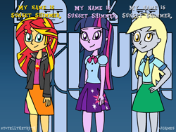 Size: 1024x768 | Tagged: safe, artist:djgames, derpy hooves, sunset shimmer, twilight sparkle, equestria girls, game show, to tell the truth