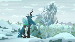 Size: 2100x1180 | Tagged: safe, screencap, queen chrysalis, changeling, changeling queen, frenemies (episode), cloud, female, mount everhoof, mountain, peak, pine tree, snow, solo, tree, windswept mane