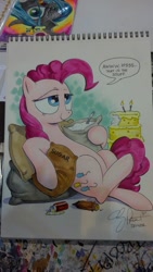 Size: 1024x1816 | Tagged: safe, artist:andypriceart, pinkie pie, earth pony, pony, cake, drugs, food, photo, sketchbook, sugar (food), traditional art