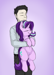 Size: 3295x4588 | Tagged: safe, artist:duop-qoub, starlight glimmer, human, pony, unicorn, absurd resolution, belly button, bliss, chest fluff, content, cute, ear fluff, eyes closed, female, fluffy, glimmerbetes, gradient background, happy, holding a pony, hug, male, mare, pony pet, smiling, zen