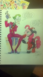 Size: 577x1024 | Tagged: safe, artist:andypriceart, pinkie pie, earth pony, pony, cosplay, crossover, harley quinn, photo, sketchbook, the joker, traditional art