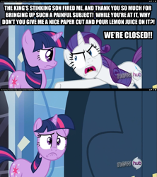 Size: 711x800 | Tagged: safe, derpibooru import, edit, edited screencap, screencap, rarity, twilight sparkle, pony, unicorn, games ponies play, hub logo, image macro, insulting rarity, meme, the princess bride