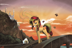 Size: 2924x1960 | Tagged: safe, artist:vinicius040598, sunset shimmer, butterfly, pony, unicorn, bridge, canterlot, crepuscular rays, magic, solo, stars, sunset, twilight (astronomy)