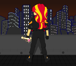 Size: 1380x1200 | Tagged: safe, artist:totallynotabronyfim, sunset shimmer, equestria girls, akira, ass, big crown thingy, boots, city, clothes, jacket, leather, night, pads, roof, solo