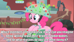 Size: 640x360 | Tagged: safe, edit, edited screencap, screencap, pinkie pie, earth pony, pony, feeling pinkie keen, caption, image macro, laboratory, meta, question, solo, text