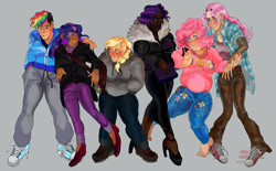 Size: 1280x793 | Tagged: safe, artist:maroonracoon, derpibooru import, applejack, fluttershy, pinkie pie, rainbow dash, rarity, spike, twilight sparkle, human, barefoot, blushing, clothes, converse, dark skin, diversity, earring, feet, grin, high heels, hug, humanized, jacket, mane six, open mouth, shoes, smiling, sweater, undercut, why meph why