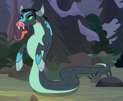 Size: 725x595 | Tagged: safe, screencap, queen chrysalis, changeling, changeling queen, ophiotaurus, frenemies (episode), cloven hooves, cropped, disguise, disguised changeling, female, forked tongue, open mouth, solo