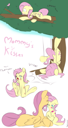 Size: 2379x4443 | Tagged: safe, artist:kryptchild, fluttershy, oc, pegasus, pony, bandaid, comic, faceplant, filly, injured, kissing, mother