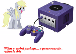 Size: 2440x1760 | Tagged: safe, derpy hooves, console, controller, gamecube, image macro, nintendo, obligatory pony, text