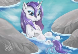 Size: 1600x1102 | Tagged: safe, artist:drizzthunter, rarity, pony, unicorn, hot springs, solo, water, wet, wet mane, wet mane rarity