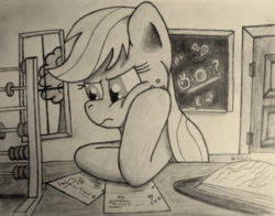 Size: 1280x1006 | Tagged: safe, artist:neonblonde1138, applejack, earth pony, pony, abacus, chalkboard, fancy mathematics, monochrome, solo, traditional art, tree, window