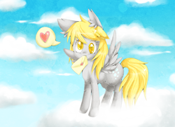 Size: 1024x740 | Tagged: safe, artist:lulu-fly, derpy hooves, pegasus, pony, cloud, cloudy, female, heart, letter, mare, mouth hold, solo