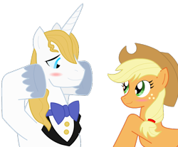 Size: 700x580 | Tagged: dead source, safe, artist:jaceleo, applejack, prince blueblood, earth pony, pony, unicorn, bluejack, female, hat, male, shipping, simple background, straight, transparent background