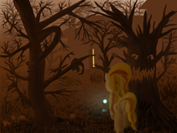 Size: 1600x1200 | Tagged: safe, artist:minosua, sunset shimmer, pony, unicorn, crossover, forest, night, solo, totally normal tree