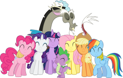 Size: 7890x5010 | Tagged: safe, artist:90sigma, derpibooru import, applejack, discord, fluttershy, pinkie pie, rainbow dash, rarity, spike, twilight sparkle, twilight sparkle (alicorn), alicorn, dragon, earth pony, pegasus, pony, unicorn, absurd resolution, eyes closed, female, group hug, hug, mane seven, mane six, mare, simple background, smiling, transparent background, vector