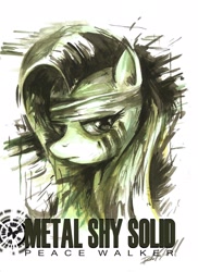 Size: 1700x2338 | Tagged: safe, artist:escagorouge, fluttershy, pegasus, pony, crossover, konami, metal gear, metal gear solid, parody, poster, solo, text