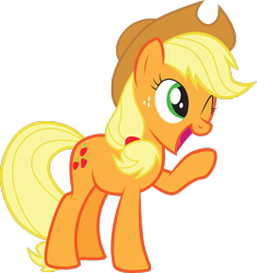 Size: 932x993 | Tagged: artist needed, source needed, safe, applejack, earth pony, pony, female, mare, one eye closed, open mouth, raised hoof, simple background, smiling, transparent background, vector, wink