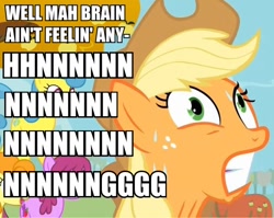 Size: 600x478 | Tagged: safe, applejack, berry punch, berryshine, carrot top, golden harvest, earth pony, pony, derp, gritted teeth, hnnng, image macro, sweat, tree, wide eyes