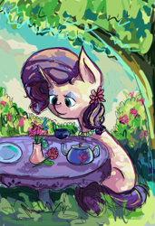 Size: 679x992 | Tagged: safe, artist:berryden, rarity, pony, unicorn, flower, solo, tea