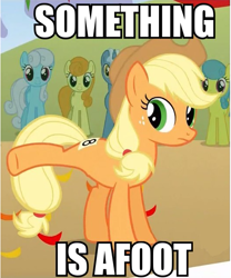 Size: 529x636 | Tagged: safe, edit, edited screencap, screencap, applejack, carrot top, golden harvest, lemon hearts, linky, pokey pierce, shoeshine, earth pony, pony, unicorn, fall weather friends, applejack's hat, background pony, cowboy hat, female, hat, image macro, impact font, kicks mcgee, mare, pun