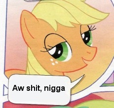 Size: 231x220 | Tagged: safe, applejack, earth pony, pony, bedroom eyes, comic, racist slur, vulgar