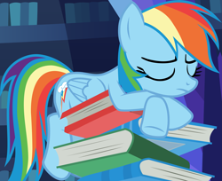 Size: 4487x3663 | Tagged: safe, artist:frownfactory, derpibooru import, rainbow dash, pegasus, pony, shadow play, .svg available, book, bookshelf, cute, dashabetes, eyes closed, female, mare, sleeping, solo, svg, vector, wings