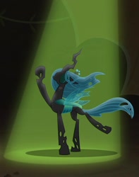 Size: 850x1080 | Tagged: safe, screencap, queen chrysalis, changeling, changeling queen, frenemies (episode), better way to be bad, cropped, eyes closed, female, majestic as fuck, raised hoof, solo, spotlight