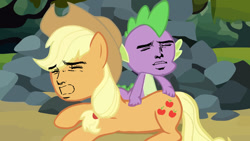 Size: 1024x576 | Tagged: safe, edit, edited screencap, screencap, applejack, spike, dragon, earth pony, pony, spike at your service, butt touch, face swap, female, hand on butt, mare, yaranaika