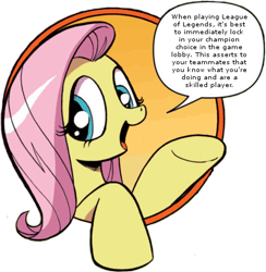 Size: 421x431 | Tagged: safe, idw, fluttershy, pegasus, pony, bad advice fluttershy, blue eyes, dialogue, exploitable meme, female, league of legends, mare, meme, open mouth, pink mane, raised hoof, raised leg, simple background, smiling, solo, speech bubble, talking to viewer, underhoof, yellow coat