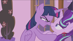 Size: 1920x1080 | Tagged: safe, screencap, starlight glimmer, twilight sparkle, twilight sparkle (alicorn), alicorn, pony, a royal problem, boop, duo, duo female, female, looking at each other, noseboop, out of context, starlight is not amused, unamused