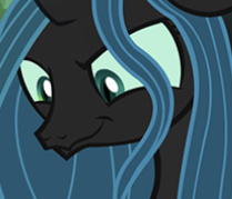 Size: 209x179 | Tagged: safe, editor:undeadponysoldier, screencap, queen chrysalis, changeling, changeling queen, adorable face, caption, close-up, cropped, cute, cutealis, ear down, evil smirk, extreme close up, female, game, gameloft, looking at you, mare, silly face, smiling, smirk, solo