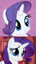 Size: 506x901 | Tagged: safe, rarity, pony, unicorn, art evolution, comparison, cute, frown, grin, meta, sad, smiling, squee