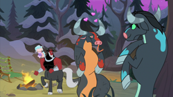 Size: 2100x1181 | Tagged: safe, screencap, cozy glow, lord tirek, queen chrysalis, centaur, changeling, changeling queen, ophiotaurus, pegasus, pony, frenemies (episode), campfire, cloven hooves, colored sclera, disguise, disguised changeling, female, filly, foal, forked tongue, green sclera, heart, heart eyes, male, raised hoof, tongue out, wingding eyes