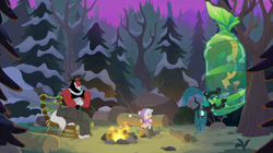 Size: 2100x1180 | Tagged: safe, screencap, cozy glow, lord tirek, queen chrysalis, centaur, changeling, changeling queen, ophiotaurus, pegasus, pony, frenemies (episode), bare tree, blurry, bow, campfire, chair, clothes, cloven hooves, cocoon, crossed arms, female, filly, foal, food, forest, freckles, hair bow, hat, log, losers club, male, marshmallow, nose piercing, nose ring, piercing, pine tree, sitting, snow, tree, tree stump, upside down, winter outfit