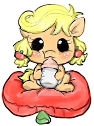 Size: 468x626 | Tagged: dead source, safe, artist:neoxyx, applejack, earth pony, pony, baby, baby bottle, baby pony, babyjack, bottle, cushion, cute, diaper, foal, jackabetes, milk, simple background, solo