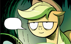 Size: 1169x732 | Tagged: safe, edit, idw, applejack, earth pony, pony, exploitable, exploitable meme, forced meme, inverted mouth, meme, smiling, speech bubble, template, thinking applejack meme