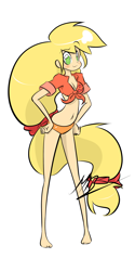 Size: 2000x4000 | Tagged: safe, artist:red-poni, applejack, belly button, bikini, clothes, humanized, skinny, swimsuit