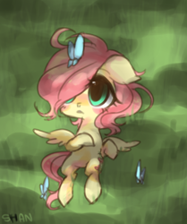 Size: 566x678 | Tagged: safe, artist:littlepinkamena, fluttershy, butterfly, pegasus, pony, filly, solo