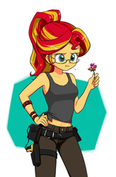 Size: 598x911 | Tagged: safe, artist:twilite-sparkleplz, sunset shimmer, human, equestria girls, :t, alternate hairstyle, armpits, belly button, clothes, cute, eating, female, flower, glasses, hand on hip, humanized, humans doing horse things, midriff, pants, shimmerbetes, shirt, sleeveless, solo, sunset wants her old digestive system back, tanktop, taser