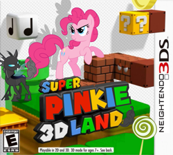 Size: 899x809 | Tagged: safe, artist:ahkreem, artist:chessie2003, artist:durpy, artist:junkiesnewb, artist:nickyv917, artist:patec, artist:thesharp0ne, edit, pinkie pie, changeling, earth pony, pony, 3ds, ? block, animal costume, bits, box art, chicken pie, chicken suit, clothes, coin, costume, jump block, parody, super mario 3d land, super mario bros.